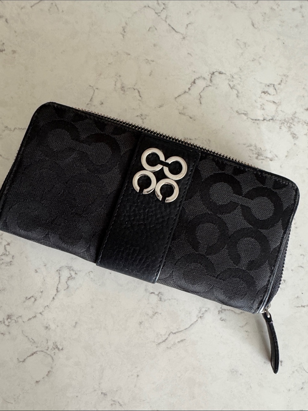 Coach Black Signature Jacquard Zip Wallet with Silver Hardware